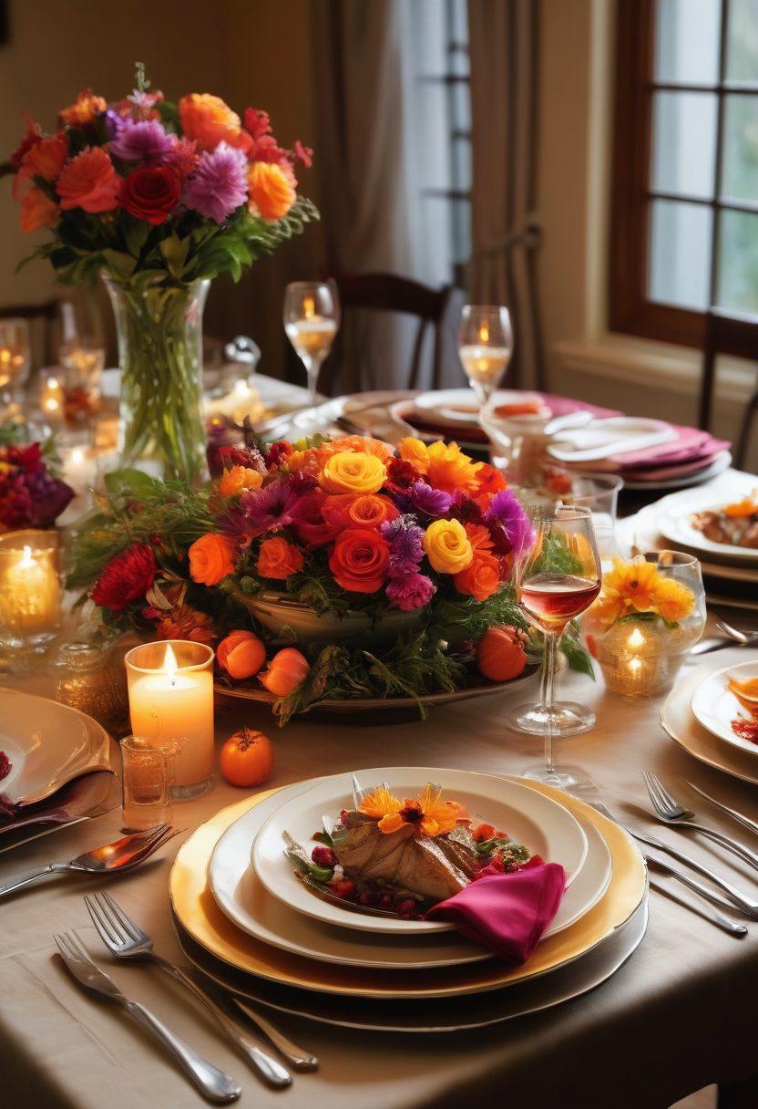 A beautifully arranged dinner table set for a party, featuring ten exquisite dishes showcasing vibrant colors, artistic plating, and garnishes. Include elements like elegant cutlery, soft candlelight, and fresh flowers as a centerpiece to create an inviting atmosphere. Capture the warmth and allure of a culinary gathering. super-realistic. vibrant colors. warm lighting.