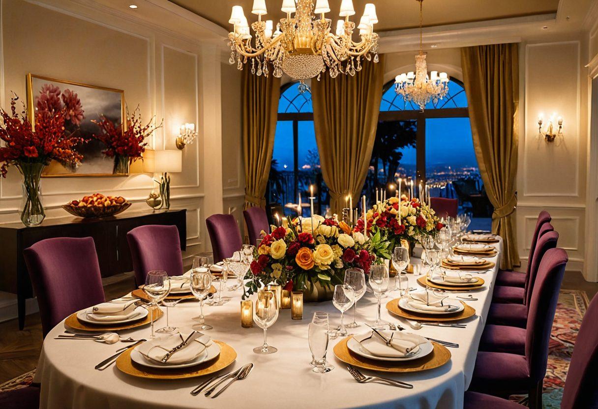 An elegant dining table set for a lavish meal, adorned with fine china, sparkling glassware, and delicate floral centerpieces. Deliciously crafted dishes like gourmet appetizers, colorful salads, and a luxurious main course are artistically arranged. Soft ambient lighting enhances the beauty of the setting, creating a warm and inviting atmosphere. A hint of sophistication with tasteful decorations. super-realistic. vibrant colors. soft focus.